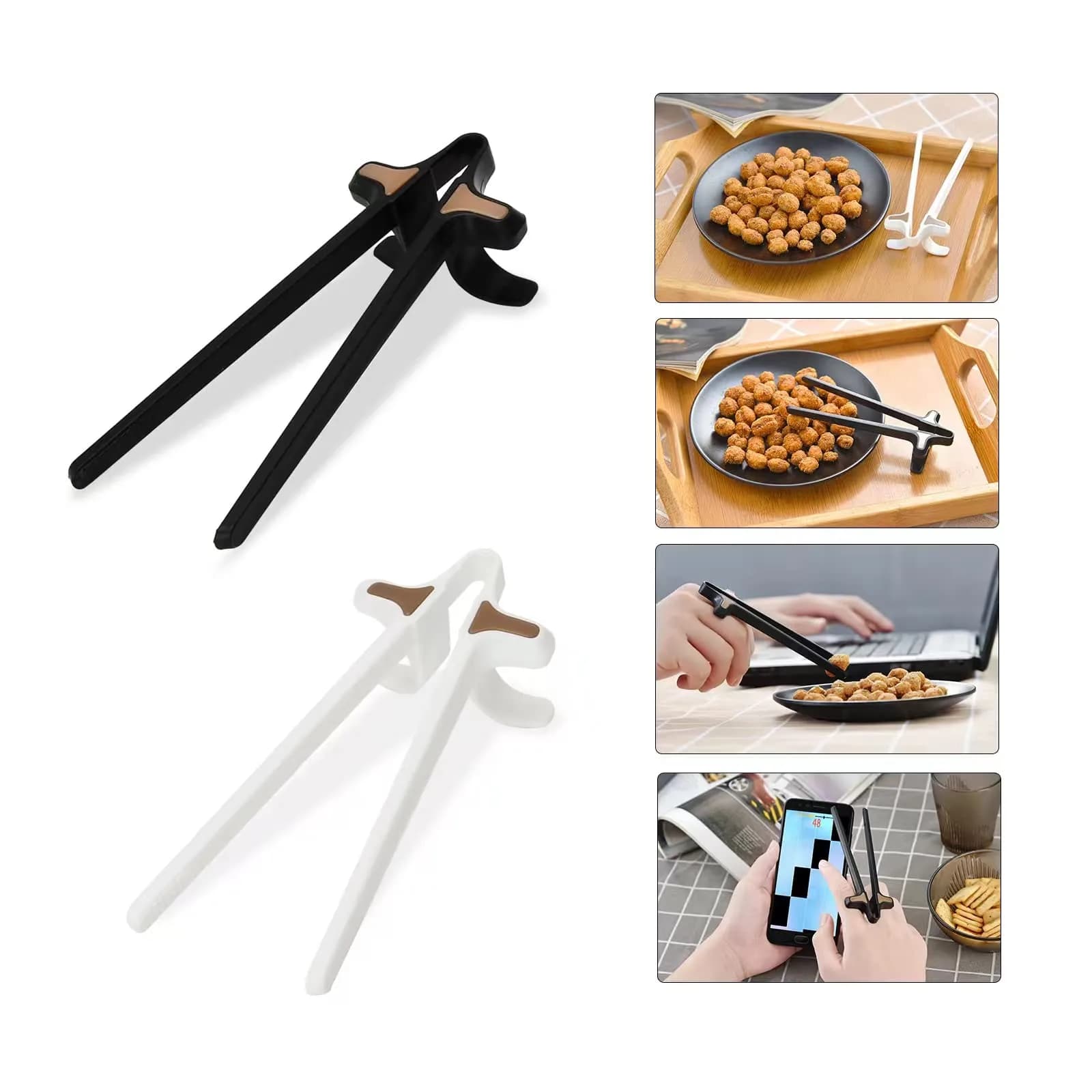 Melostu Finger Chopsticks for Gamers 2pcs | Food-Grade ABS Snack Clips for Gaming & Snacks — Black/White