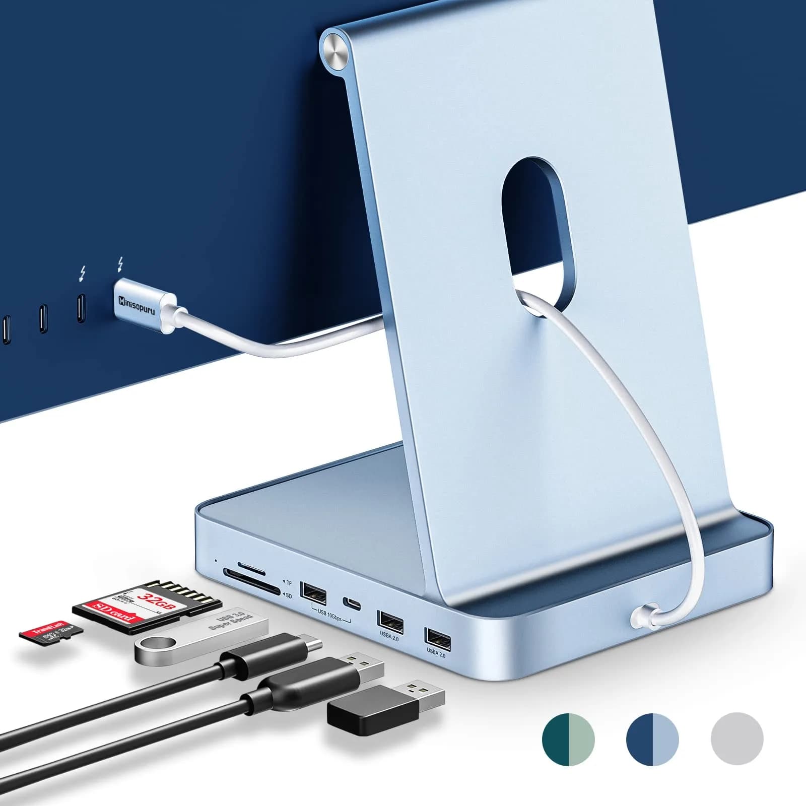 Minisopuru DS802 iMac Docking Station for 24 inch iMac M1/M3/M4/M5, Blue | Support M.2 SSD & 10Gbps Data Transfer