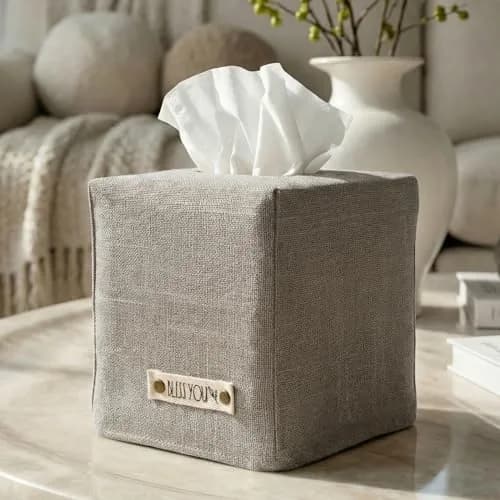 KIBAGA Gray Linen Facial Tissue Holder for Square Tissue Boxes | Stylish Home Decor (70-120 chars) thumbnail 1