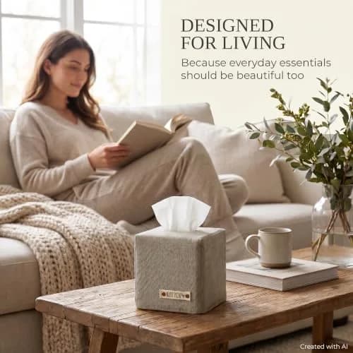KIBAGA Gray Linen Facial Tissue Holder for Square Tissue Boxes | Stylish Home Decor (70-120 chars) thumbnail 5