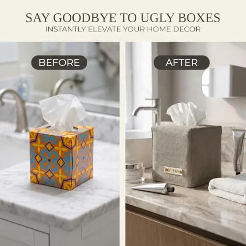 KIBAGA Gray Linen Facial Tissue Holder for Square Tissue Boxes | Stylish Home Decor (70-120 chars) thumbnail 6