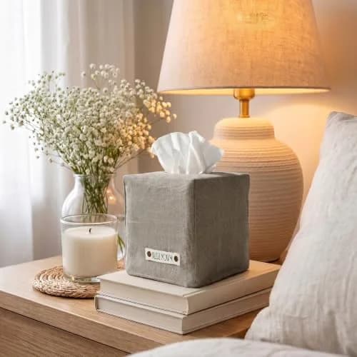 KIBAGA Gray Linen Facial Tissue Holder for Square Tissue Boxes | Stylish Home Decor (70-120 chars) thumbnail 8