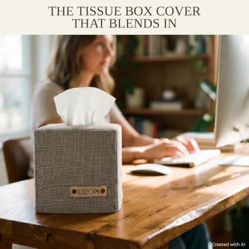 KIBAGA Gray Linen Facial Tissue Holder for Square Tissue Boxes | Stylish Home Decor (70-120 chars) thumbnail 9