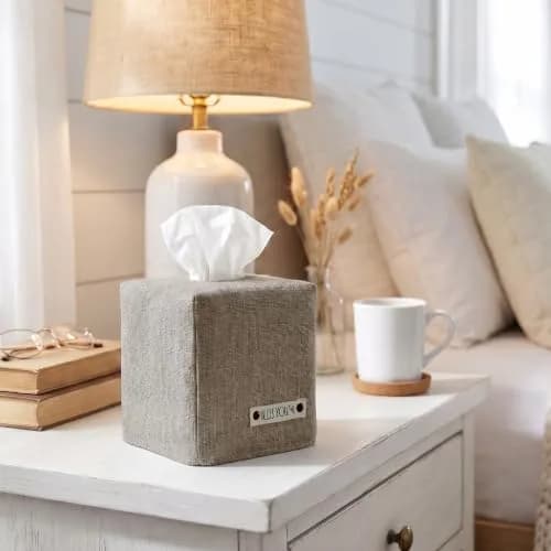 KIBAGA Gray Linen Facial Tissue Holder for Square Tissue Boxes | Stylish Home Decor (70-120 chars) thumbnail 2