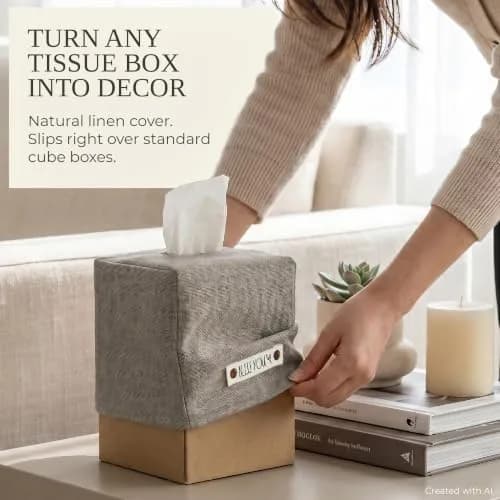 KIBAGA Gray Linen Facial Tissue Holder for Square Tissue Boxes | Stylish Home Decor (70-120 chars) thumbnail 3