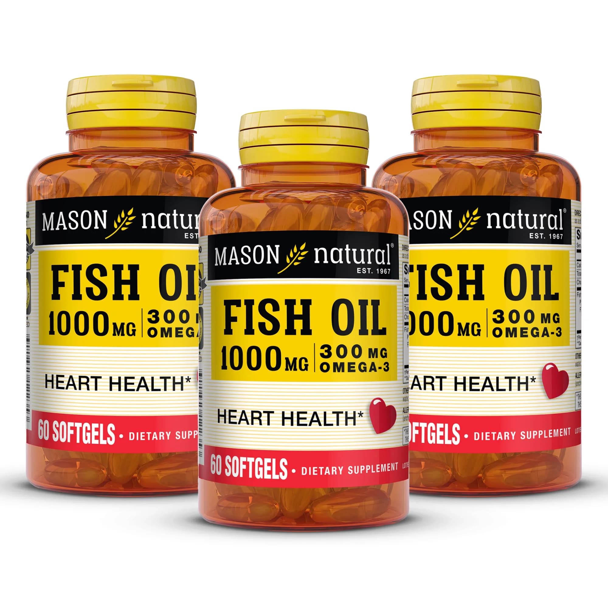MASON NATURAL Omega-3 Fish Oil 1000mg | Supports Heart & Brain, 180 Softgels — Yellow
