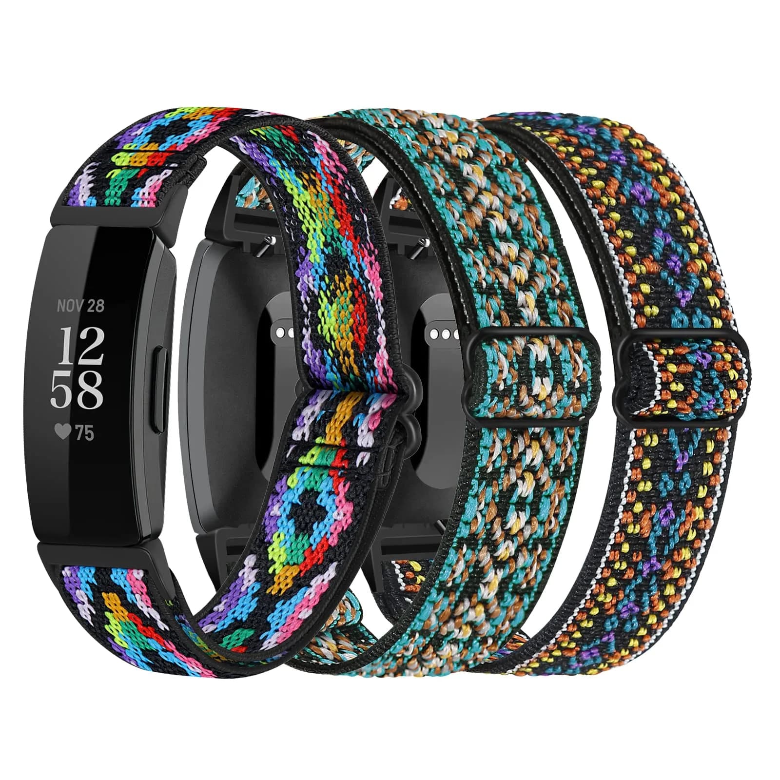 DKGKOO 3-Pack Elastic Nylon Bands for Fitbit Inspire 2 / HR / Inspire / Ace 2 | Breathable, Adjustable, Lightweight — Boho Green+Boho Purple+Boho Color