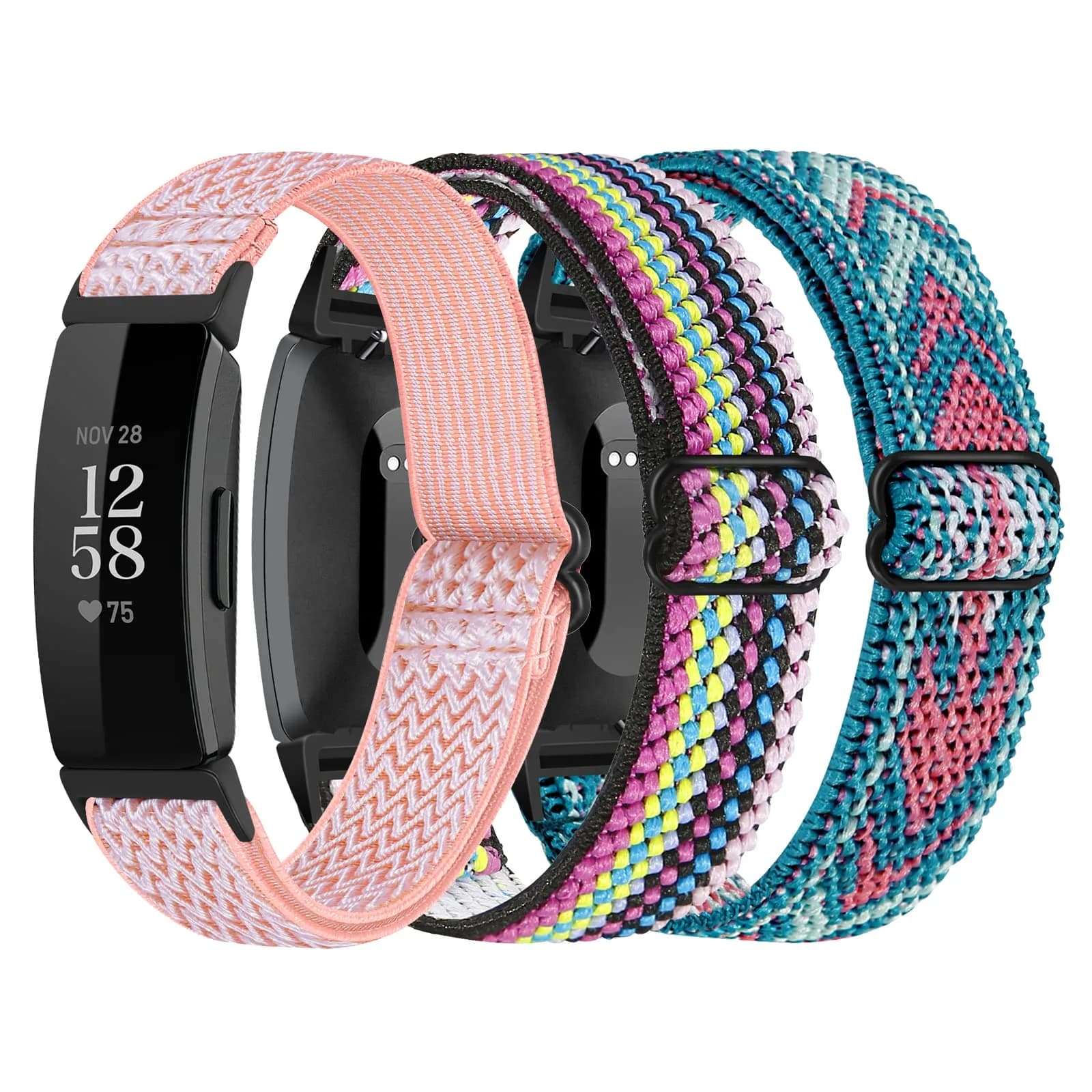 DKGKOO 3-Pack Elastic Nylon Bands for Fitbit Inspire 2 / Inspire HR / Inspire / Ace 2 | Breathable, Adjustable, Unisex — Green Arrow+Colorful+Pink