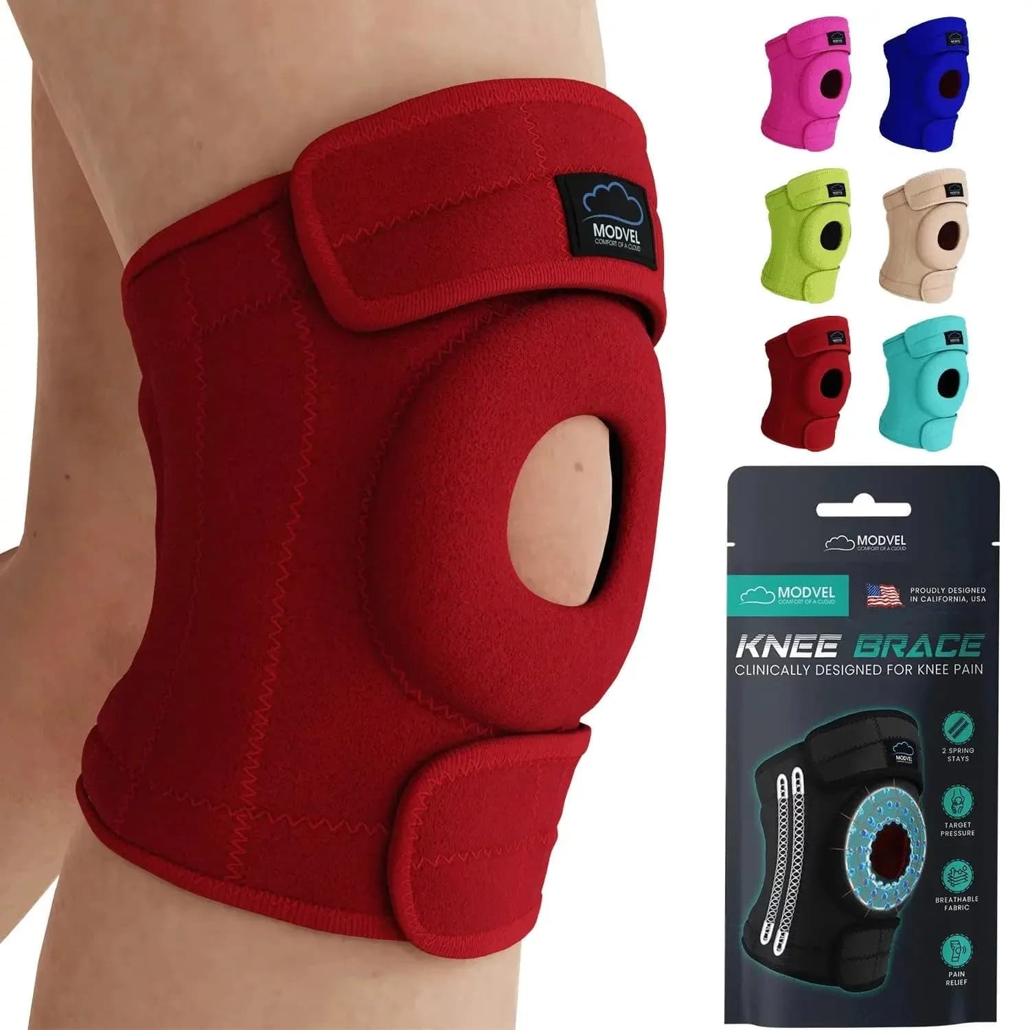 Modvel ELITE Knee Brace for Men & Women – Patella Gel Pads & Side Stabilizers for ACL, Meniscus Tear, Arthritis & Injury Recovery – Maximum Support for Running, Sports & Joint Pain Relief — A Red