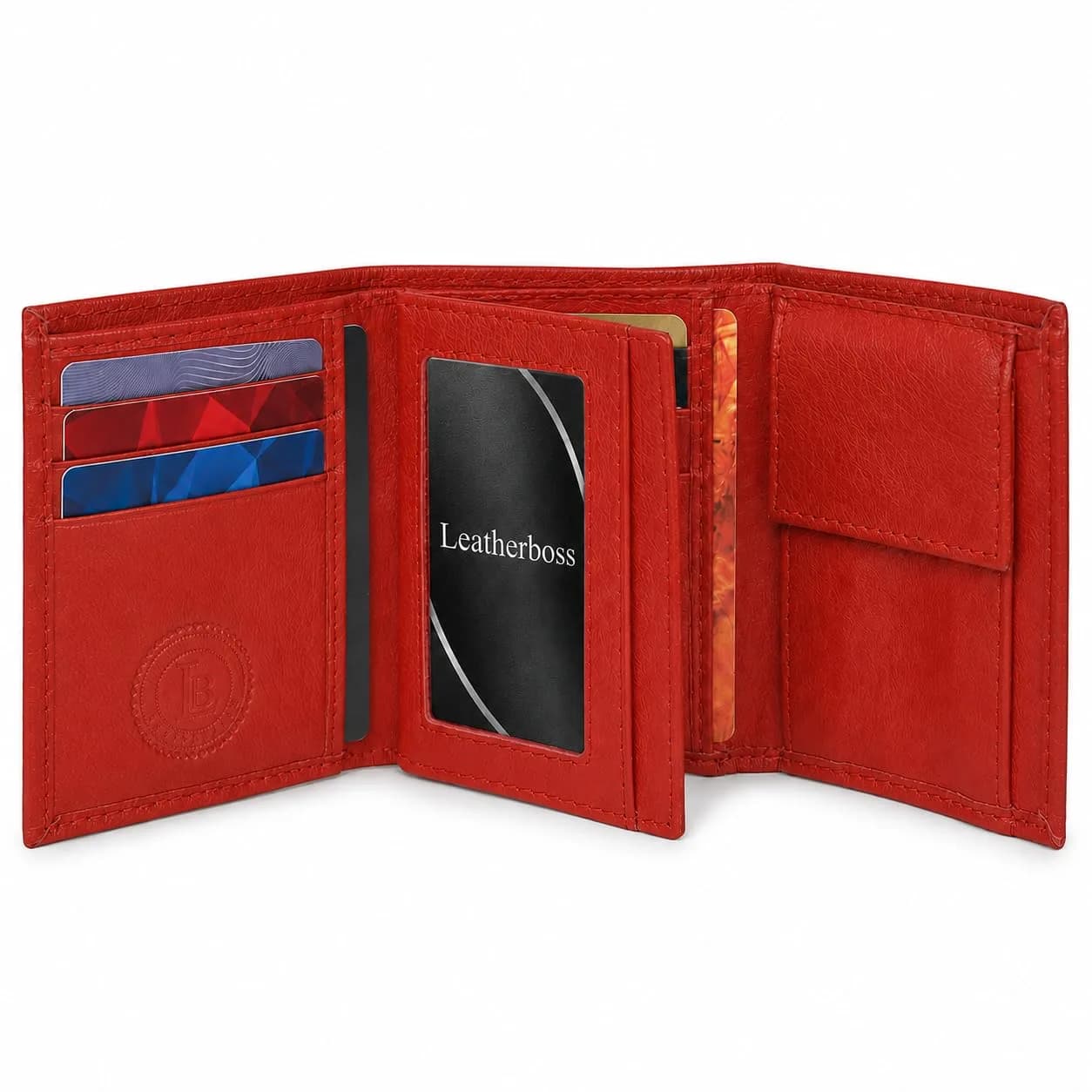LB LEATHERBOSS Boys Slim Compact Trifold Wallet with ID and Coin Pocket (Red) | Genuine Leather — Red