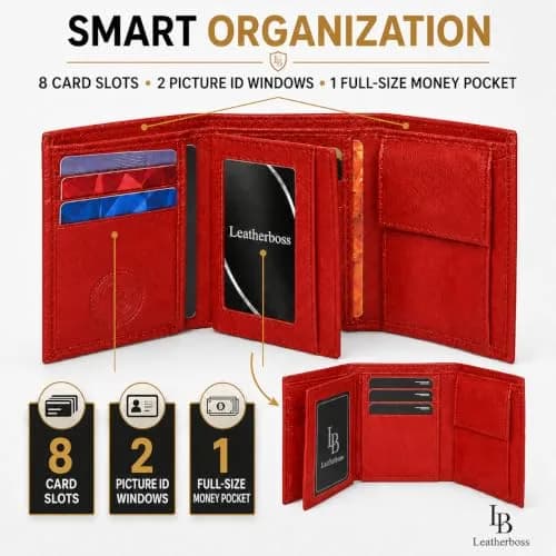 LB LEATHERBOSS Boys Slim Compact Trifold Wallet with ID and Coin Pocket (Red) | Genuine Leather thumbnail 4