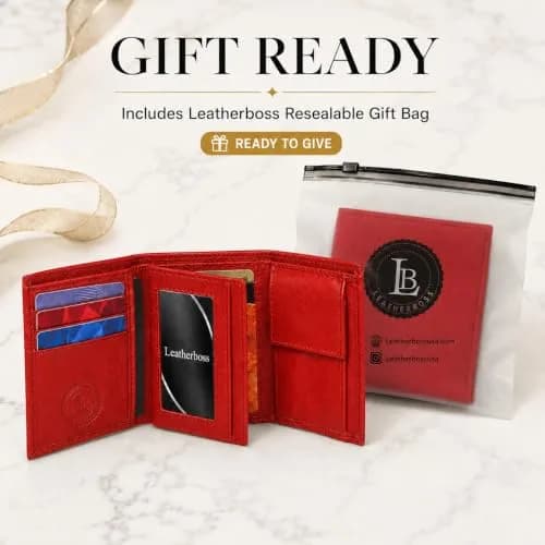 LB LEATHERBOSS Boys Slim Compact Trifold Wallet with ID and Coin Pocket (Red) | Genuine Leather thumbnail 8