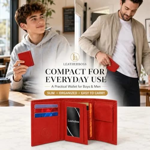 LB LEATHERBOSS Boys Slim Compact Trifold Wallet with ID and Coin Pocket (Red) | Genuine Leather thumbnail 9