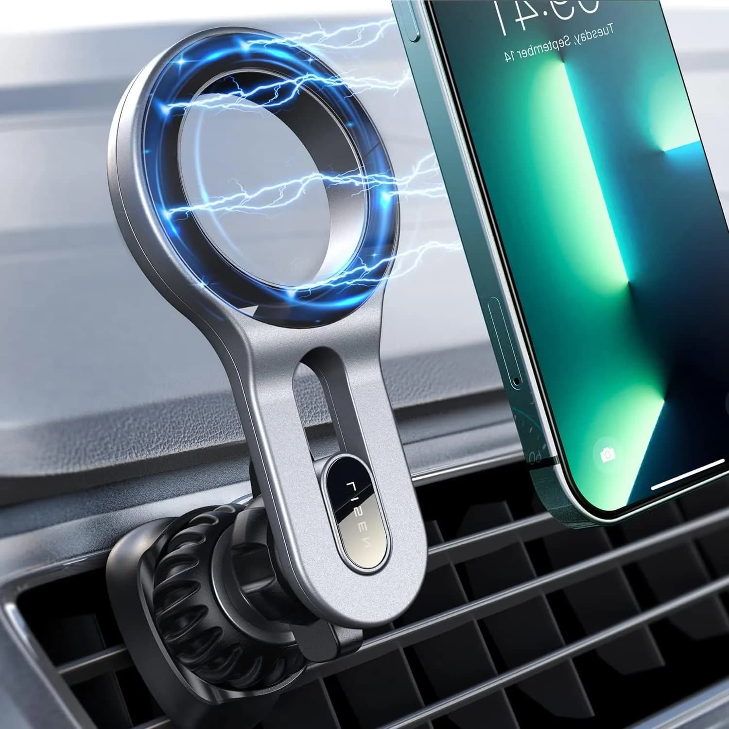 LISEN MagSafe Car Mount Silver | Strong Magnetic Vent Holder for iPhone 12-17 & Smartphones - main product image