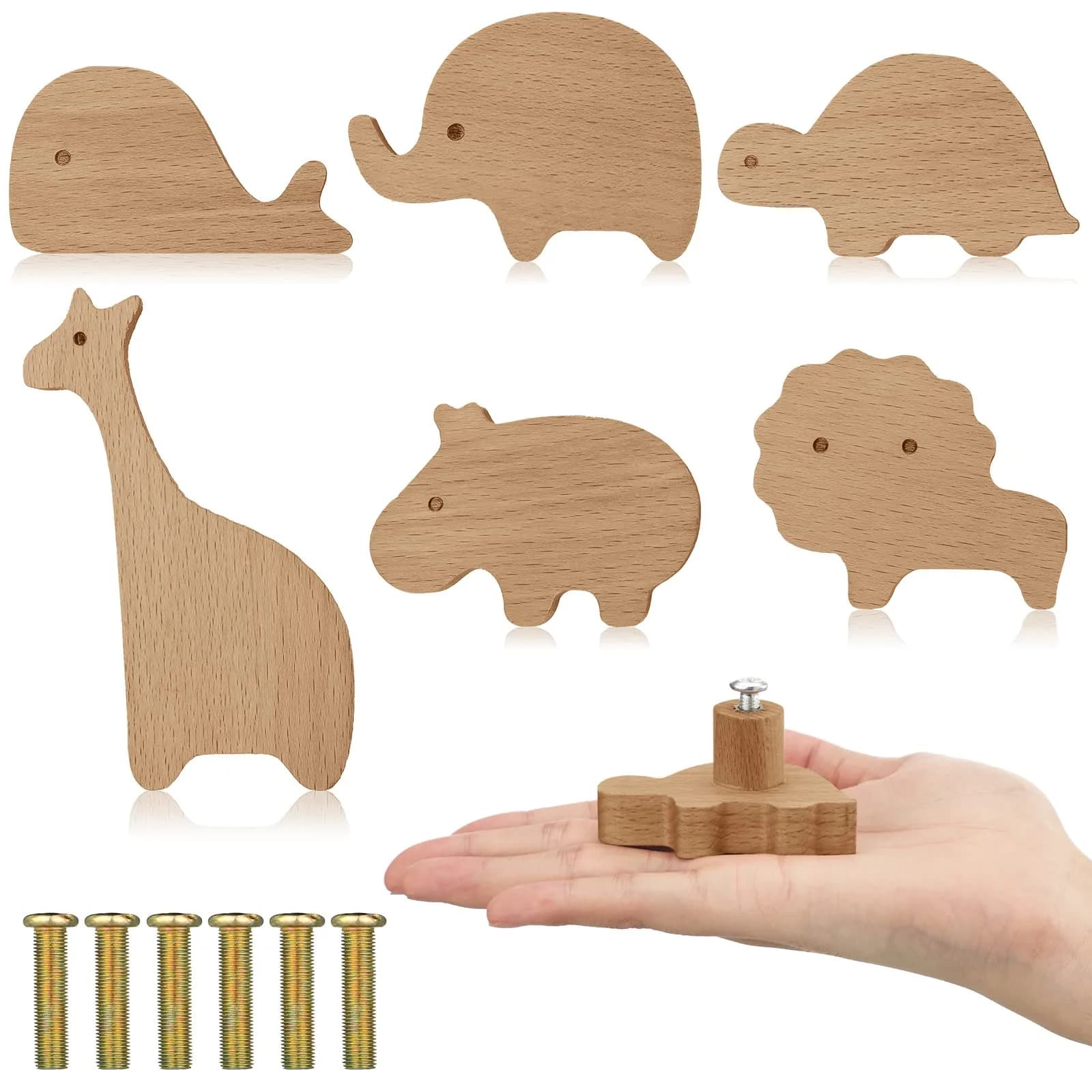 Qunclay Wooden Animal Dresser Knobs 6 Sets | Zoo Theme, Polished Wood - main product image