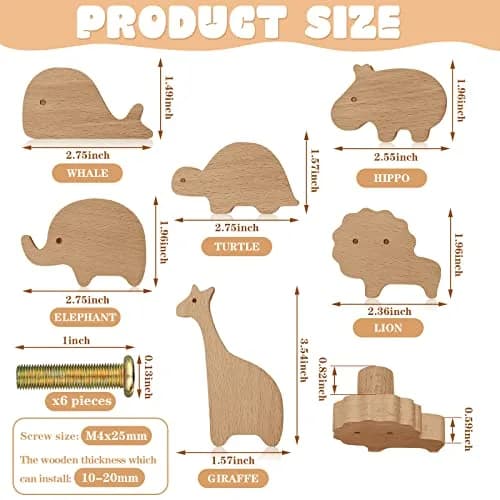 Qunclay Wooden Animal Dresser Knobs 6 Sets | Zoo Theme, Polished Wood thumbnail 2