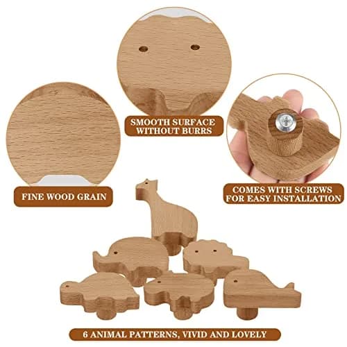 Qunclay Wooden Animal Dresser Knobs 6 Sets | Zoo Theme, Polished Wood thumbnail 3
