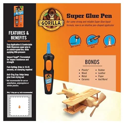 Gorilla Super Glue Pen, Precise Applicator, Fast Setting, Clear, 5.5g | Impact-Resistant Bonding Adhesive thumbnail 2