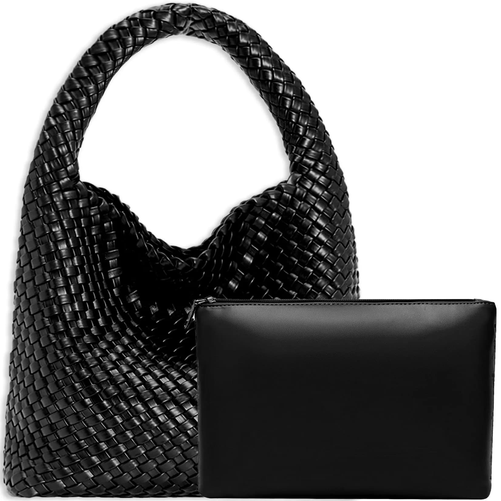 JINMANXUE Woven Tote Bag for Women, Black Vegan Leather Hobo Handbag | Large Capacity Travel Shoulder Bag — Black