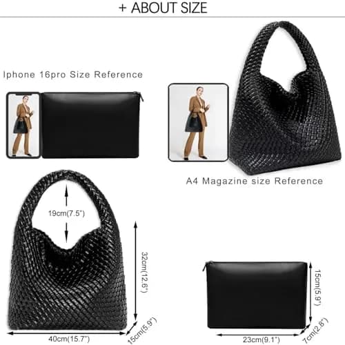 JINMANXUE Woven Tote Bag for Women, Black Vegan Leather Hobo Handbag | Large Capacity Travel Shoulder Bag thumbnail 4