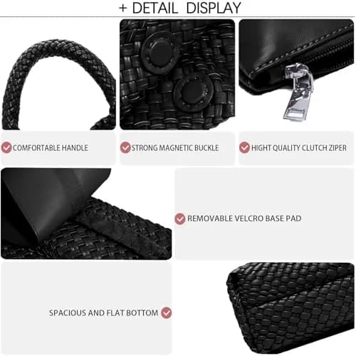 JINMANXUE Woven Tote Bag for Women, Black Vegan Leather Hobo Handbag | Large Capacity Travel Shoulder Bag thumbnail 6
