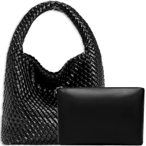 JINMANXUE Woven Tote Bag for Women, Black Vegan Leather Hobo Handbag | Large Capacity Travel Shoulder Bag thumbnail 1