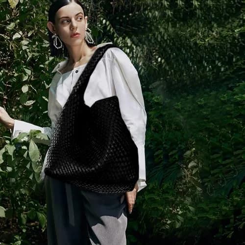 JINMANXUE Woven Tote Bag for Women, Black Vegan Leather Hobo Handbag | Large Capacity Travel Shoulder Bag thumbnail 2