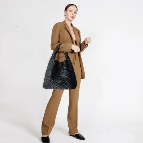 JINMANXUE Woven Tote Bag for Women, Black Vegan Leather Hobo Handbag | Large Capacity Travel Shoulder Bag thumbnail 3