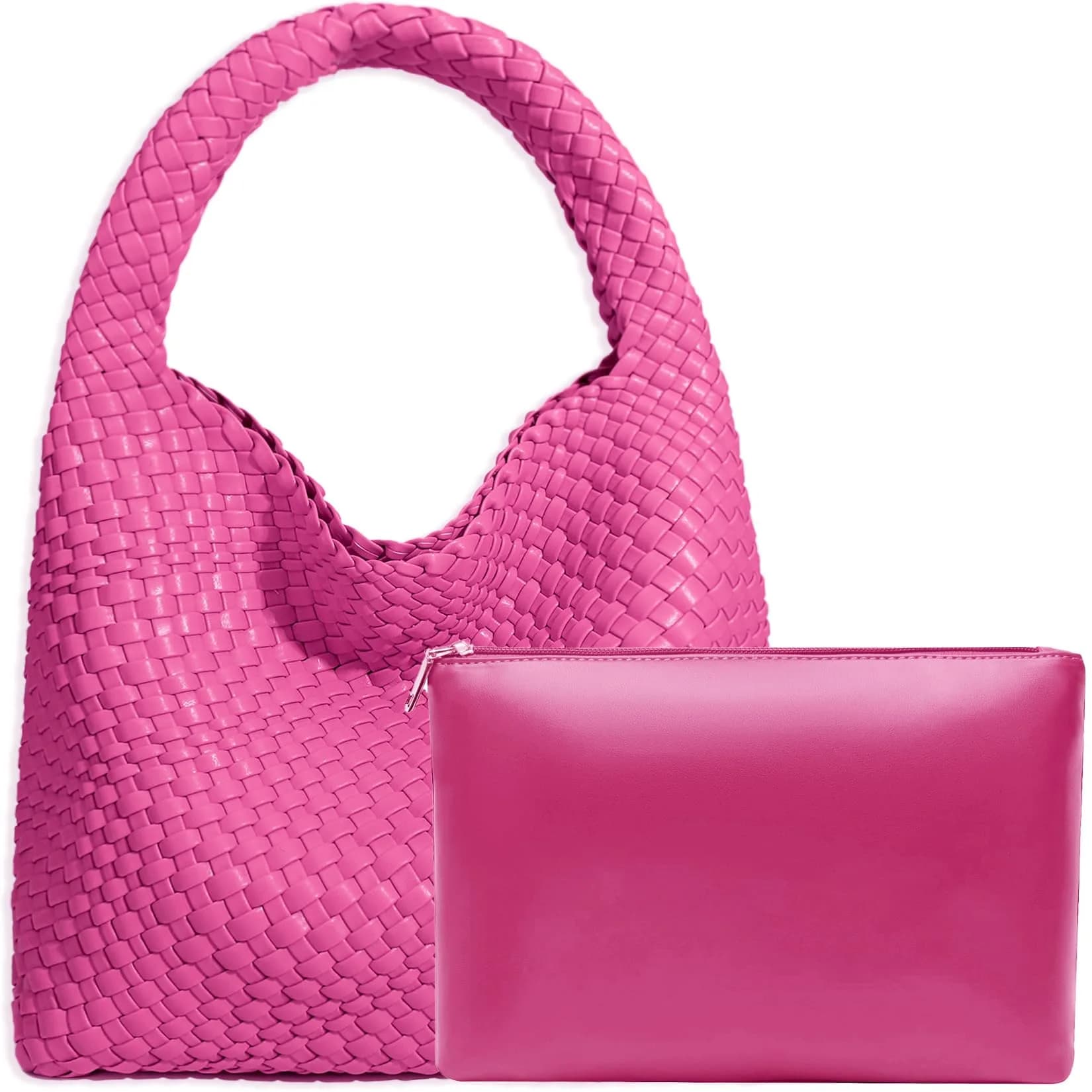 JINMANXUE Woven Tote Bag for Women, Rose Red Fashion Hobo Handbag, Large Vegan Leather Shoulder Bag | Includes Matching Wristlet