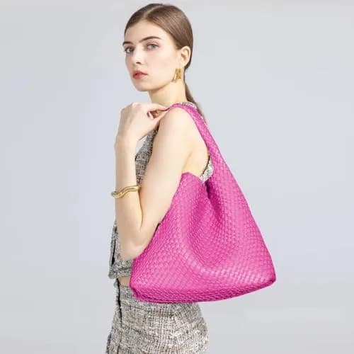 JINMANXUE Woven Tote Bag for Women, Rose Red Fashion Hobo Handbag, Large Vegan Leather Shoulder Bag | Includes Matching Wristlet thumbnail 6