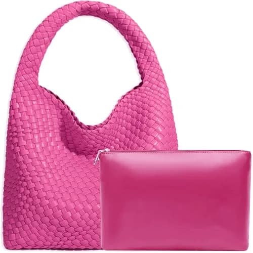 JINMANXUE Woven Tote Bag for Women, Rose Red Fashion Hobo Handbag, Large Vegan Leather Shoulder Bag | Includes Matching Wristlet thumbnail 1