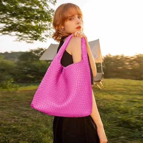 JINMANXUE Woven Tote Bag for Women, Rose Red Fashion Hobo Handbag, Large Vegan Leather Shoulder Bag | Includes Matching Wristlet thumbnail 2