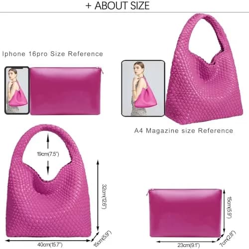 JINMANXUE Woven Tote Bag for Women, Rose Red Fashion Hobo Handbag, Large Vegan Leather Shoulder Bag | Includes Matching Wristlet thumbnail 3