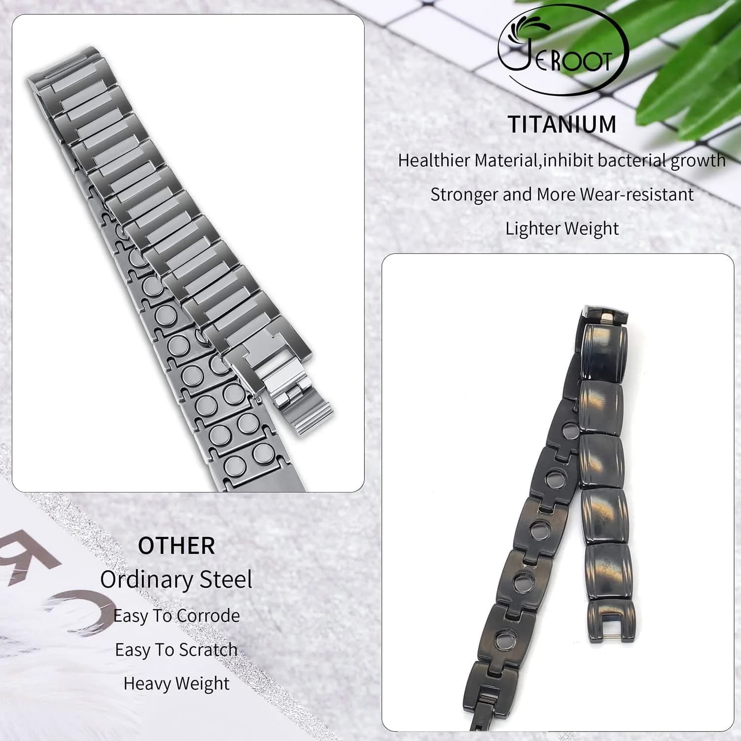JEROOT Magnetic Bracelet for Men, Pure Titanium Double Row 4000 Gauss Magnets | Adjustable 23cm (9") - view 7