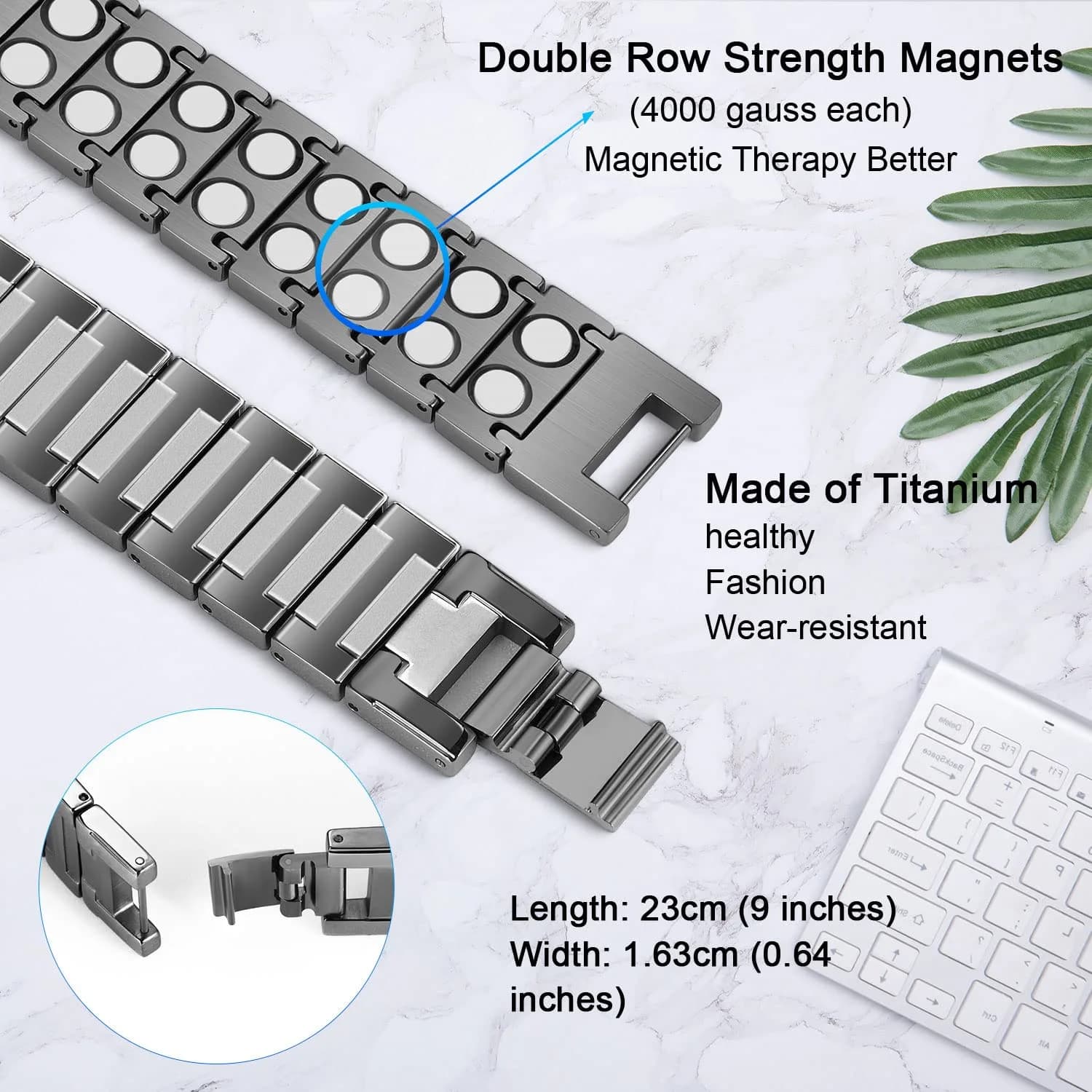JEROOT Magnetic Bracelet for Men, Pure Titanium Double Row 4000 Gauss Magnets | Adjustable 23cm (9") - view 2