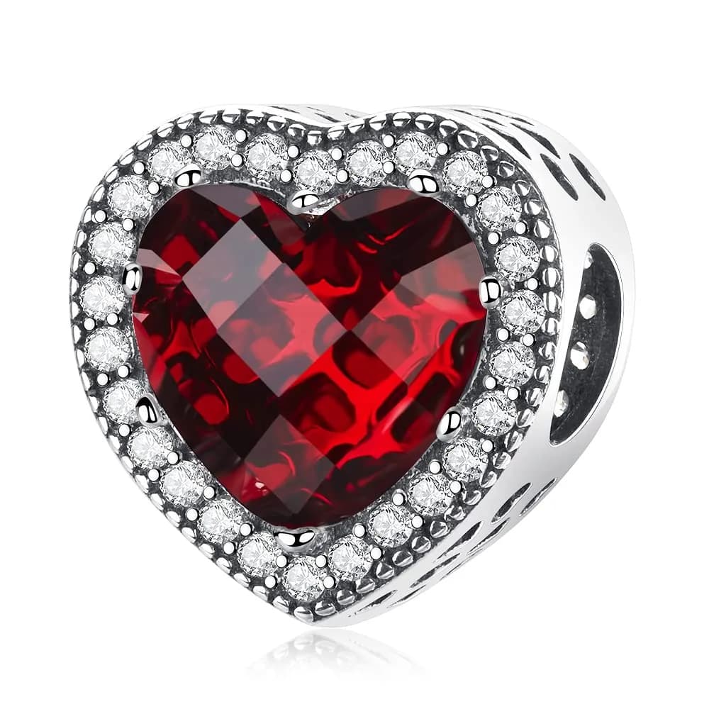 MICOO 925 Sterling Silver Heart Charm Bead | Cubic Zirconia Fit Pandora & European Bracelets — Red Heart Stones