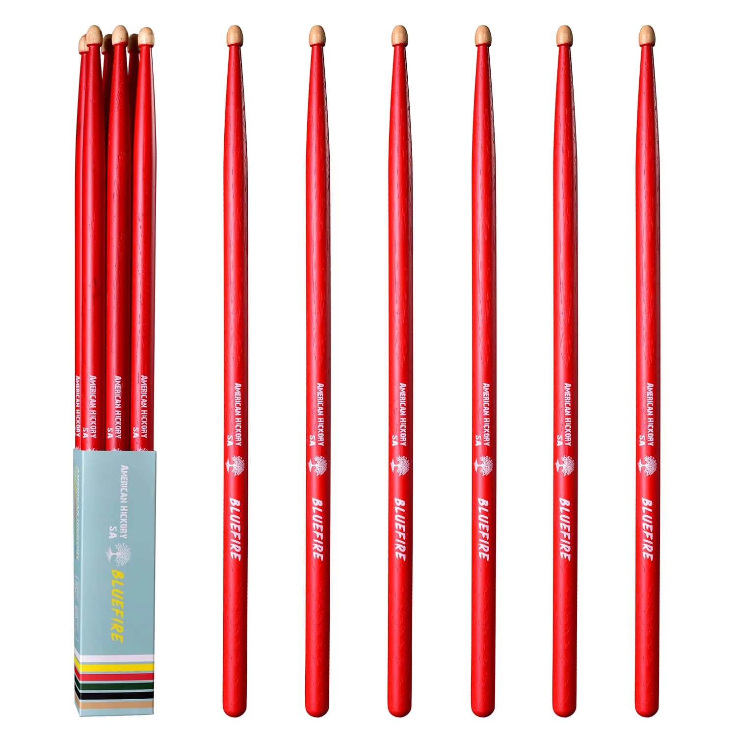 HUN Bluefire Red Color 5A Drumstick | Weight Matched, 6 Sticks, Hickory Wood (70-120c) — Red