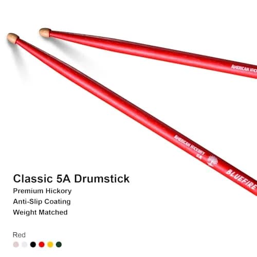 HUN Bluefire Red Color 5A Drumstick | Weight Matched, 6 Sticks, Hickory Wood (70-120c) thumbnail 7