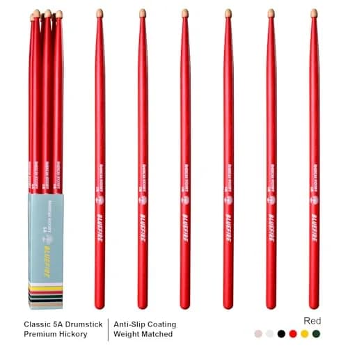 HUN Bluefire Red Color 5A Drumstick | Weight Matched, 6 Sticks, Hickory Wood (70-120c) thumbnail 8