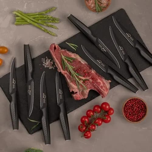 Amorston Steak Knives Set of 8, Serrated High Carbon Stainless Steel Blades 20.3 cm (8 inches) | Dishwasher Safe Black Kitchen Knives thumbnail 6