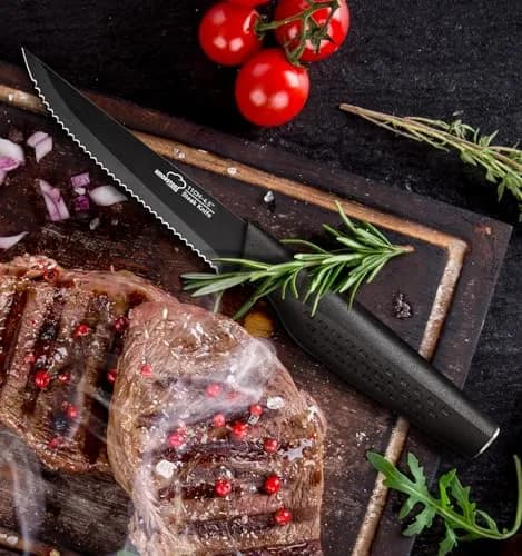 Amorston Steak Knives Set of 8, Serrated High Carbon Stainless Steel Blades 20.3 cm (8 inches) | Dishwasher Safe Black Kitchen Knives thumbnail 7