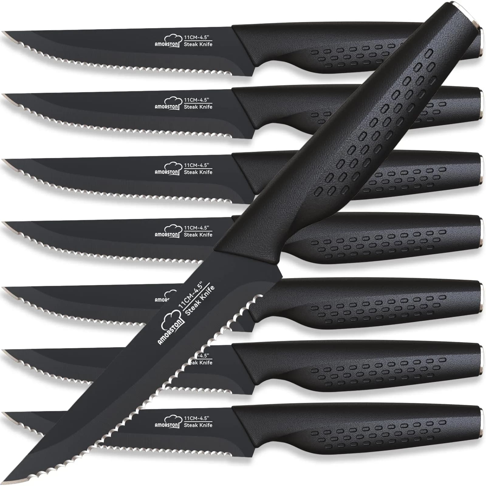 Amorston Steak Knives Set of 8, Serrated High Carbon Stainless Steel Blades 20.3 cm (8 inches) | Dishwasher Safe Black Kitchen Knives — Black