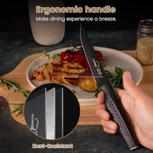 Amorston Steak Knives Set of 8, Serrated High Carbon Stainless Steel Blades 20.3 cm (8 inches) | Dishwasher Safe Black Kitchen Knives thumbnail 3