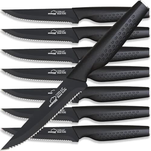 Amorston Steak Knives Set of 8, Serrated High Carbon Stainless Steel Blades 20.3 cm (8 inches) | Dishwasher Safe Black Kitchen Knives - main product image