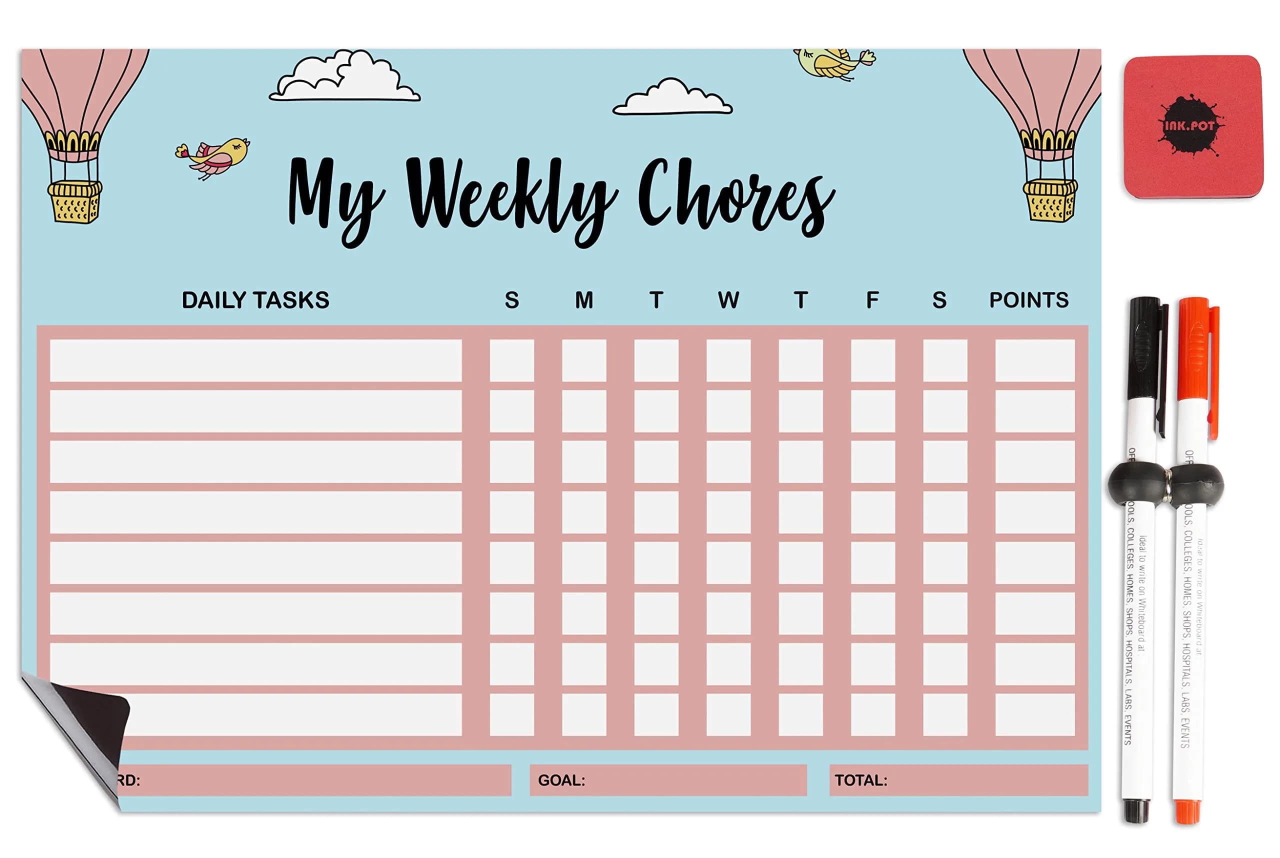Inkdotpot Magnetic Chore Chart 8.5x11 Inches | Organize Family Chores with Dry Erase Board — White
