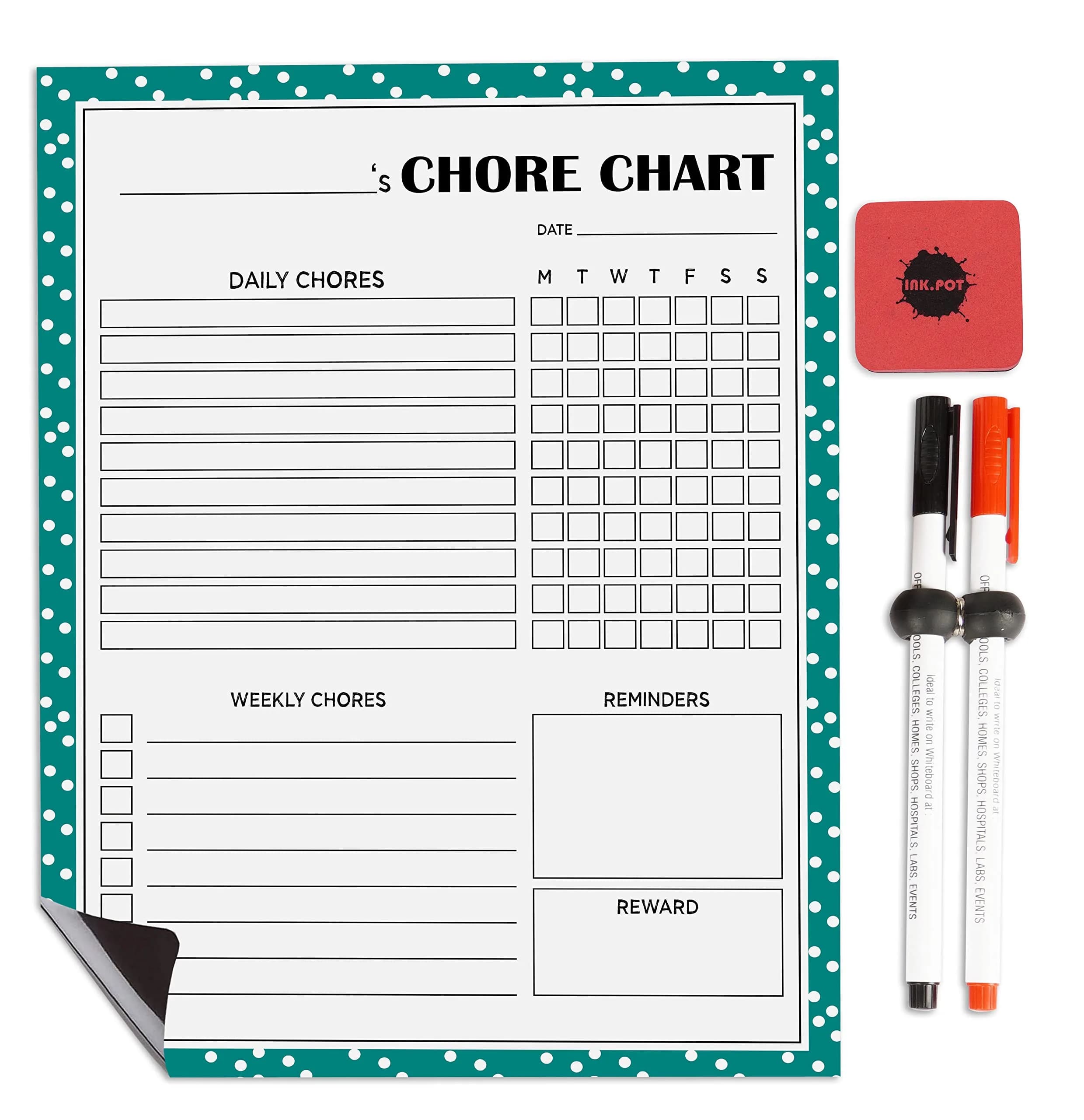 Inkdotpot Magnetic Chore Chart 8.5x11 Inches | Dry Erase Responsibility Board for Kids - main product image