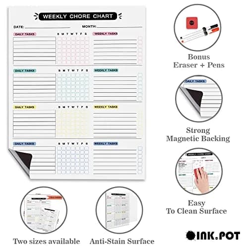 Inkdotpot Magnetic Chore Chart 8.5 x 11 Inches | Family Responsibility Organizer with 2 Markers & Eraser thumbnail 3