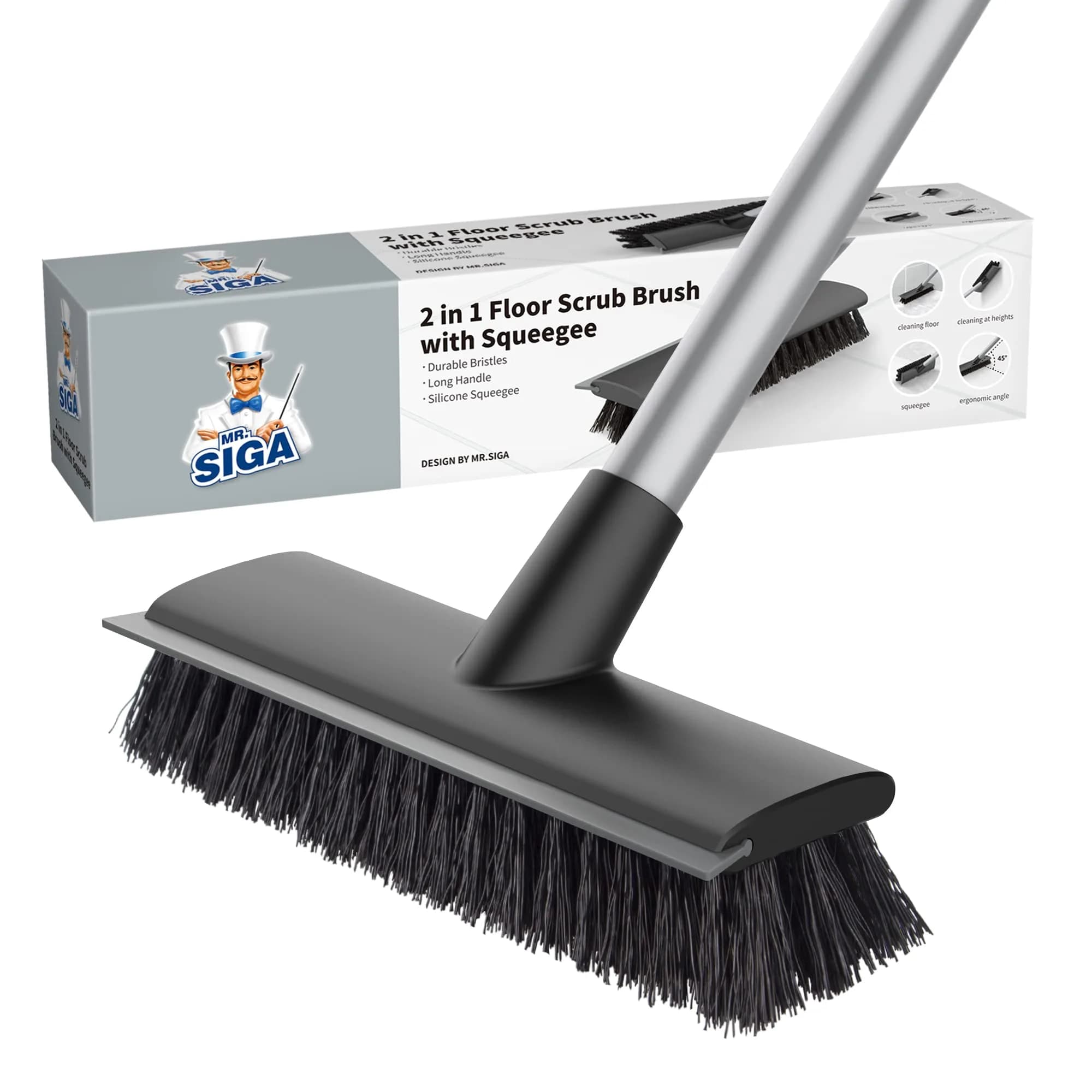 MR.SIGA Floor Scrub Brush with Long Handle & Squeegee, 22.1cm Head | Scrubbing Tools for Tile & Bathroom — Gray