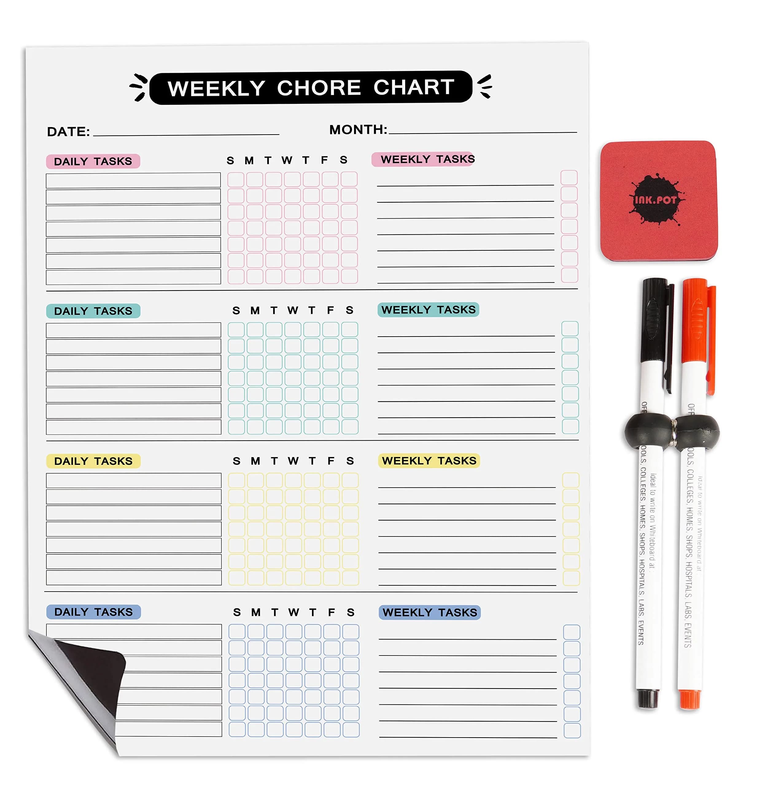 Inkdotpot Magnetic Weekly Chore Chart 12" x 17" (30.5cm x 43.2cm) | Organize Family Chores with Dry Erase Board - main product image
