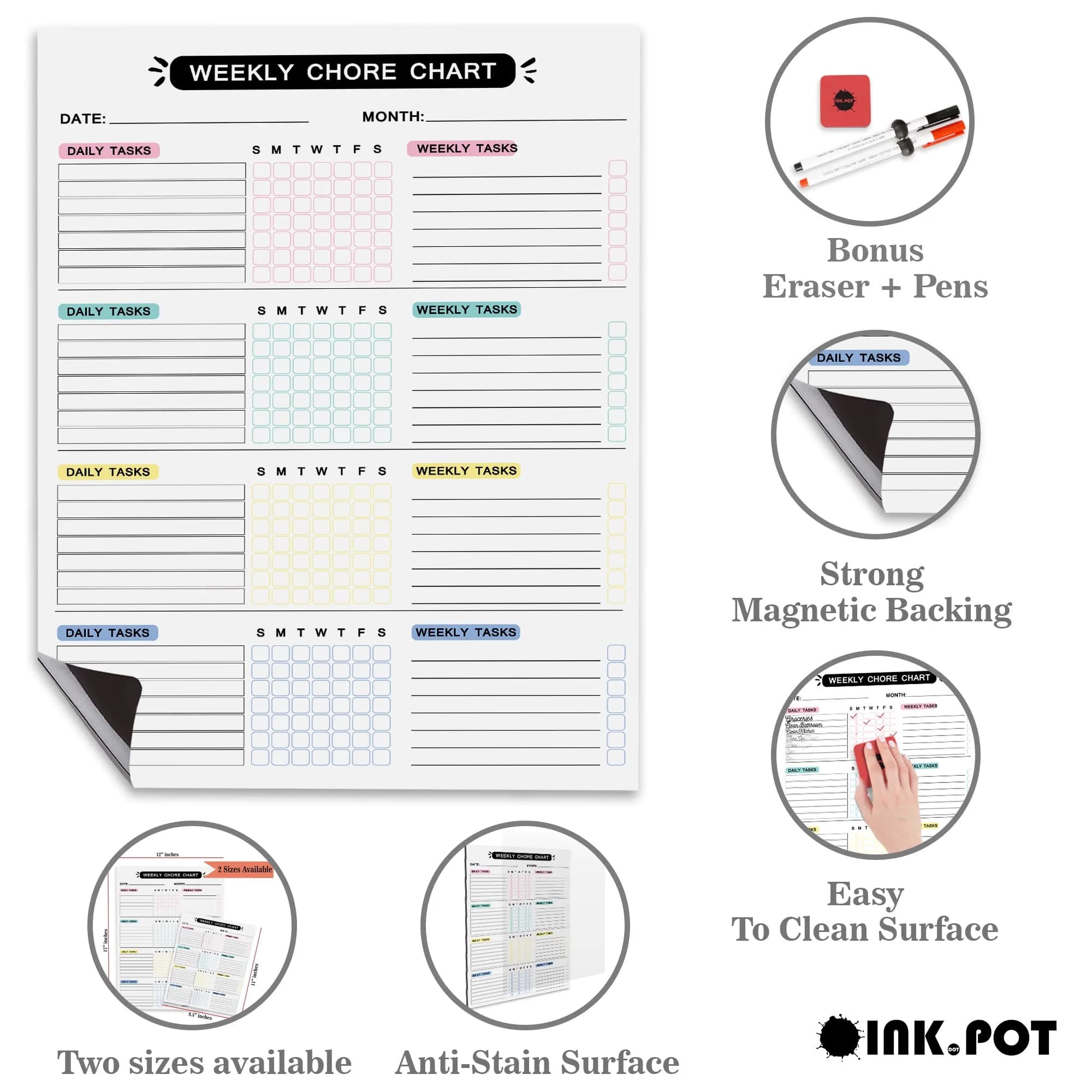 Inkdotpot Magnetic Weekly Chore Chart 12" x 17" (30.5cm x 43.2cm) | Organize Family Chores with Dry Erase Board - view 3